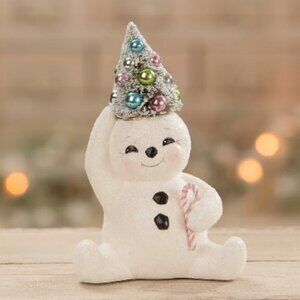 Bethany Lowe Christmas Pastel Candy Cane Snowman w/ Bottlebrush Tree NEW